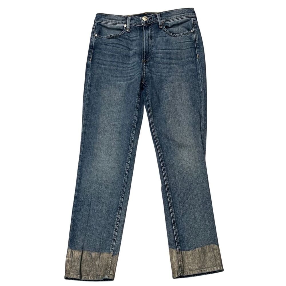 Rag & Bone High Waist Kick Crop "Bilberry Blue" Wash Metallic Gold Cuff Sz 27